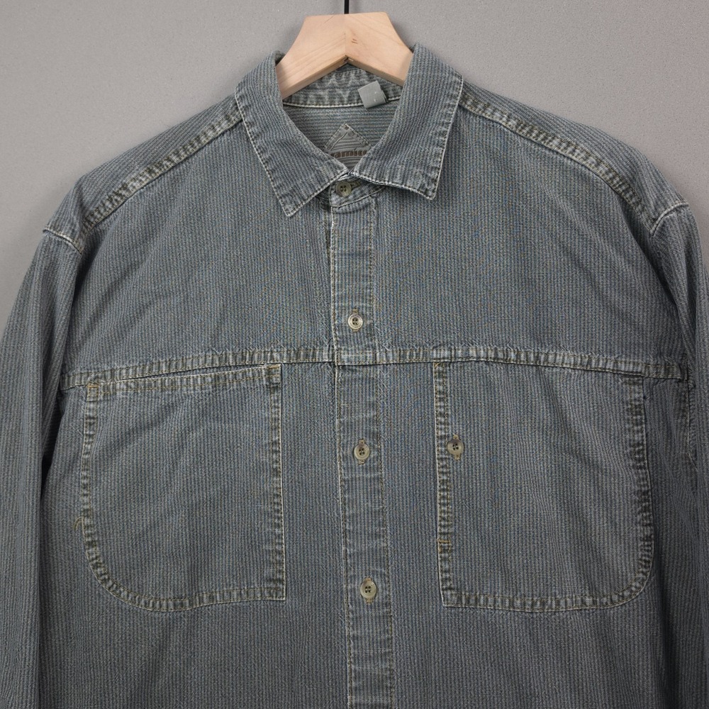 Vintage Gramicci Mens M Hickory Stripe Denim Work Shirt Made in USA Faded Indigo